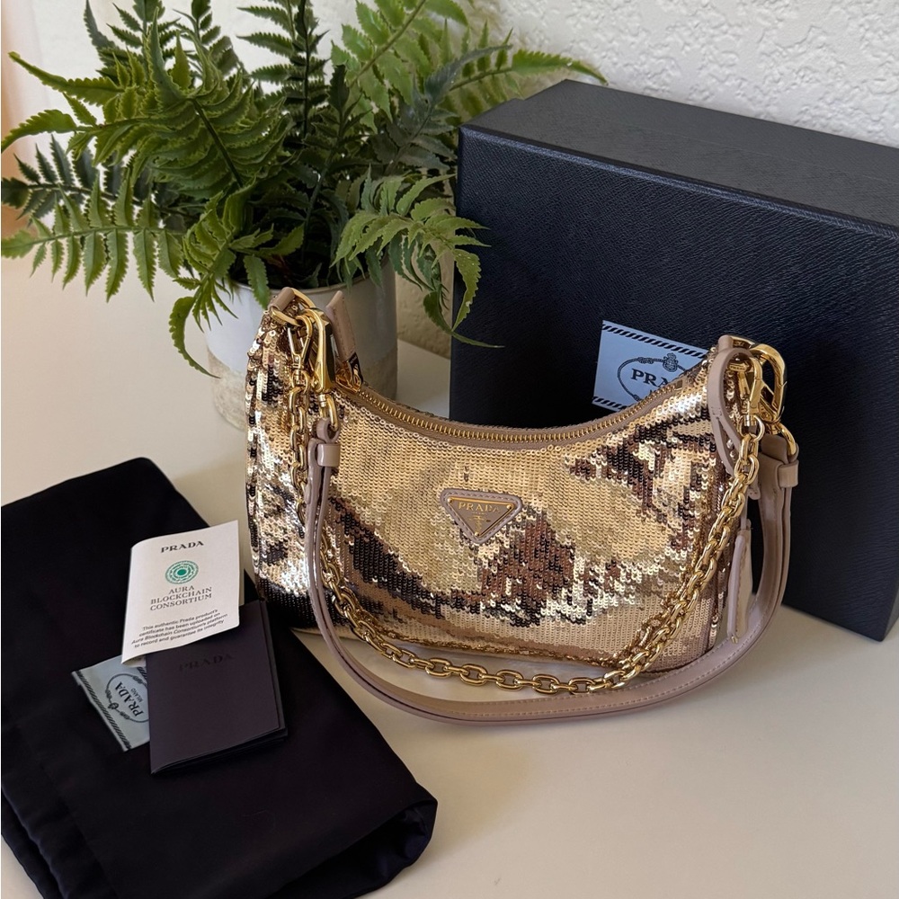 Prada Sequin Shoulder Bag in Gold and Tan